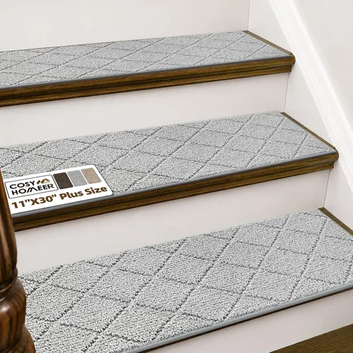 Vista 11 de COSY HOMEER - Alfombra antideslizante para escaleras, para interiores y escalones de madera, para niños y perros, 100 % poliéster, base de Beige