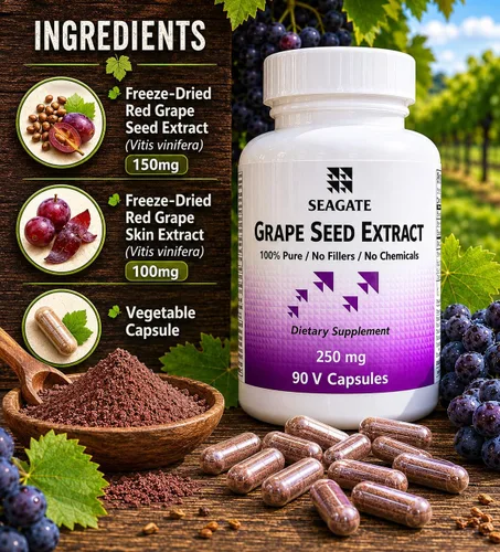 Vista 2 de Seagate Productos Extracto de semilla de uva Suplementos 250mg, 90 cápsulas vegetales