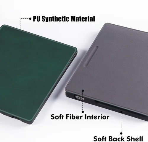 Vista 4 de Funda para Kindle Oasis de 7" de 10ª/9ª generación, color verde pino Cubierta de cuero PU, con apagado automático/activación, carcasa trasera