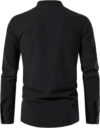 Vista 3 de Camisas de lino de manga larga con cordones retro para hombre, camisa Henley renacentista, disfraz vikingo medieval, camiseta pirata