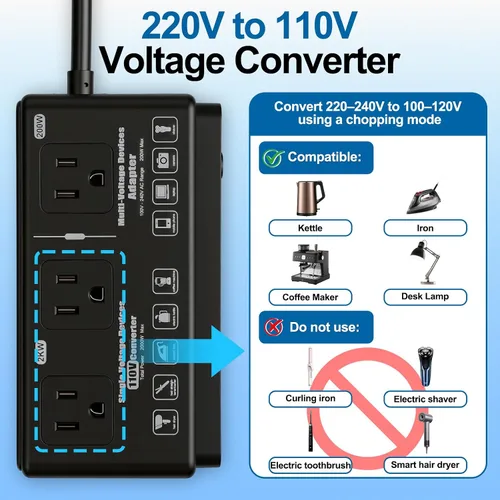 Vista 3 de 220v to 110v Travel Voltage Converter: International Universal Voltage Black Converter US to Europe Power Strip Plug Transformer - 2000W Electric