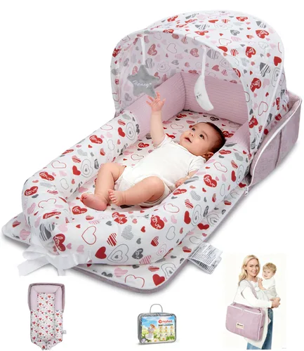 Vista 12 de Tumbona para bebé, tumbona portátil plegable de viaje para recién nacido de 0 a 12 meses, lavable y ligera, nido para bebé con toldo, nido de bebé