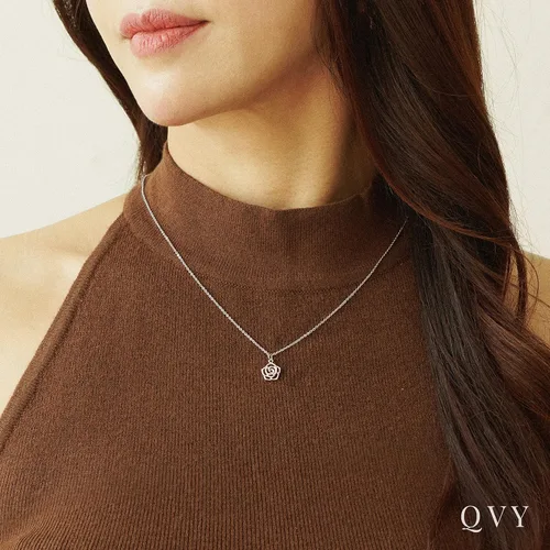 Vista 2 de QVY Delicado collar de flor de rosa simple para mujer, chapado en oro de 14 quilates, dije de contorno de rosa abierto, joyería natural, regalos