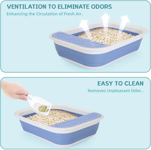 Vista 6 de ShineMe - Caja de arena plegable para gatitos, caja de arena pequeña para gatos con pala y bolsa de arena, impermeable, antisalpicaduras para gatos