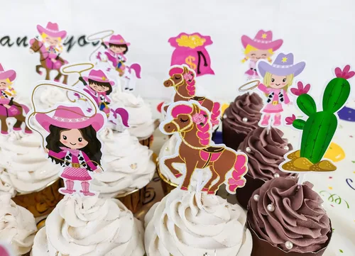 Vista 9 de 36 adornos para cupcakes con temática occidental, decoración de tartas de vaquera rosa, para vaqueras occidentales, fiesta de cumpleaños