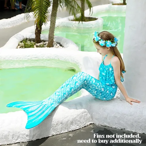 Vista 6 de Krarici Traje de baño de cola de sirena de 4 piezas traje de baño de cola de natación traje de cosplay para niñas y niños sin monoaleta