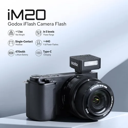 Vista 2 de GODOX iM20 Mini Flash para cámara, GN10 Godox Mini Flash, batería 440 destellos de potencia completa, carga USB-C, 5 niveles de potencia