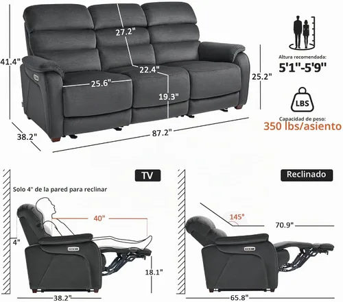 Vista 2 de MCombo ST258M3 - Sofá reclinable eléctrico de pared de 87.2 pulgadas con mesa abatible, sofá reclinable con reposacabezas ajustables, puertos