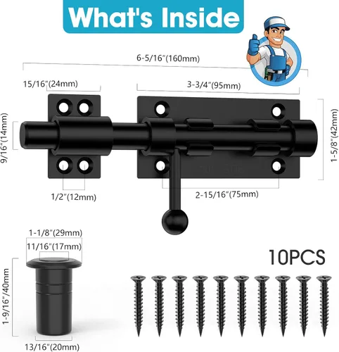 Vista 6 de Cierre de puerta de perno deslizante, hardware de pestillo de perno de barril, cerradura de 16 cm de acero inoxidable 304 resistente y sólida