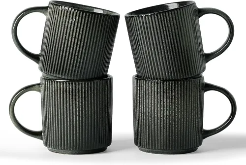 Vista 80 de famiware Juego de 4 tazas de café de 12 onzas, tazas de cerámica con asa Negro (Star-Black)
