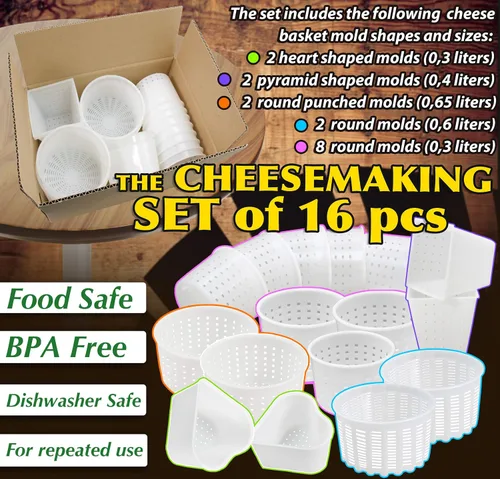Vista 2 de PetriStor - Kit de 16 piezas de queso suave para principiantes - Moldes de queso pequeños - Moldes de queso crema para hacer queso - Molde