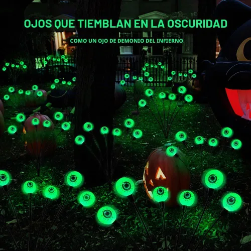 Vista 3 de BeHiller Decoraciones de Halloween para exteriores, luces solares de ojos aterradoras, 2 paquetes de 12 luces LED de globo ocular verde, luces