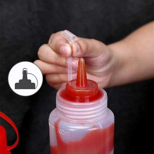 Vista 3 de Botellas de plástico de 3 colores para salsa exprimible con tapas de boquilla, dispensadores de botellas de condimentos reutilizables para mostaza