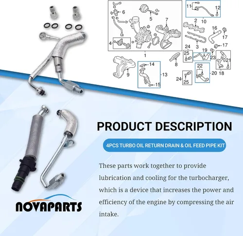 Vista 4 de NOVAPARTS 55587854 Kit de 4 piezas de línea de drenaje de retorno de aceite turbo y tubo de alimentación de aceite para Chevy Cruze, Sonic, Trax