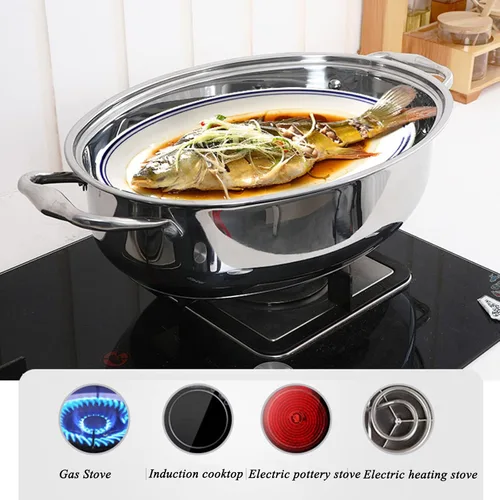Vista 7 de Sartén ovalada de acero inoxidable para asar pavos de 3 tamaños, con estante de vapor y tapa, bandeja portátil para hornear para horno, cocinar a