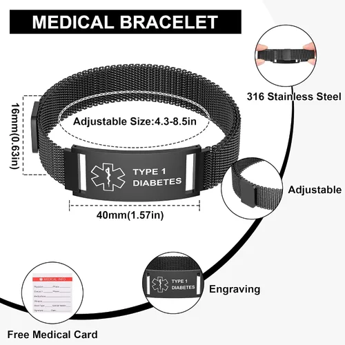 Vista 2 de Pulsera de alerta médica para mujeres y hombres, pulsera ajustable con identificación de alerta médica para epilepsia diabética D.N.R marcapasos