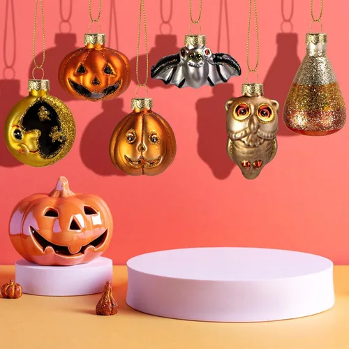 Vista 5 de Deloky 6 adornos colgantes de vidrio soplado de Halloween, decoración de Halloween, decoración de árbol de vidrio, adornos de Halloween, murciélago