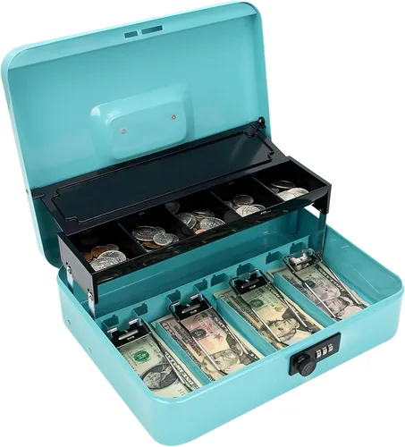 Vista 9 de Caja de efectivo con bandeja de dinero y cerradura, caja de dinero segura para efectivo, caja de bloqueo de metal con combinación, organizador