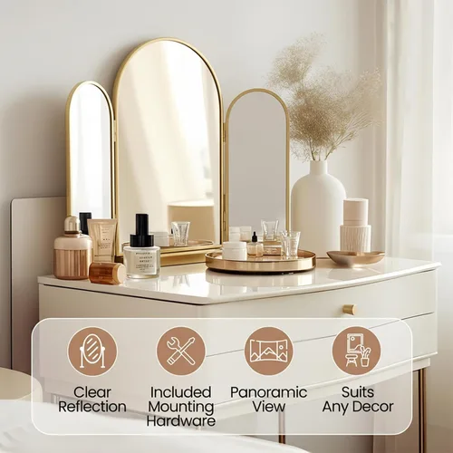 Vista 4 de Houseables - Espejo de 3 vías, triple tocador, plegable de tres vías, triple pliegue, para trenzar el cabello, 3 vías, 3 lados, tres paneles, Dorado