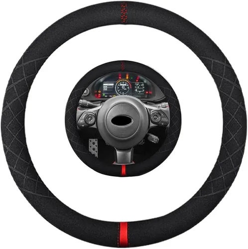 Vista 27 de Funda de volante de gamuza de 14 pulgadas, compatible con Tesla Model 3 Model Y, funda de volante deportiva de cuero gamuza antideslizante