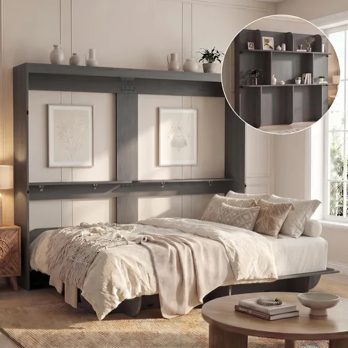Vista 13 de Mjkone Cama Murphy de pared tamaño Queen con estante de almacenamiento Negro