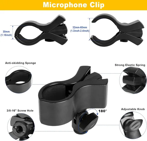Vista 8 de Soporte para micrófono, 19.7 in de largo, flexible con brazo de cuello de cisne, soporte universal de clip de micrófono resistente adaptador de 3/8