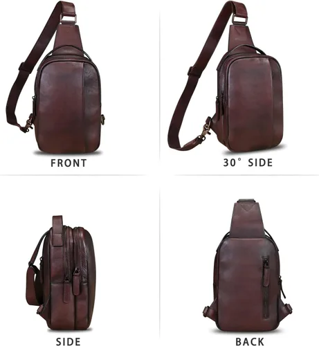 Vista 5 de LRTO Bolso de cuero genuino para hombres y mujeres, mochila bandolera de cuero real para el pecho, bolso cruzado, Café, Mochilas Sling