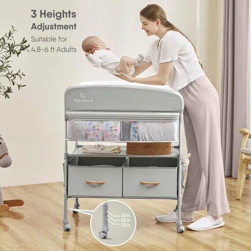 Vista 3 de BabyBond Cambiador portátil para bebé con 2 cestas de almacenamiento, cambiador plegable cómoda cambiador de pañales, estación de cambio ajustable