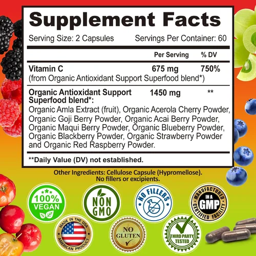 Vista 6 de Complejo de vitamina C de alimentos integrales, 1450 mg de bayas orgánicas, 675 mg de vitamina C por porción, antioxidante de alta potencia y apoyo