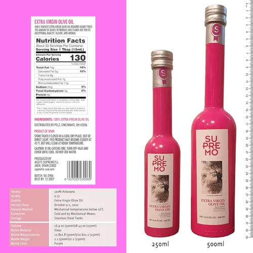 Vista 2 de SUPREMO Arbosana - Aceite de oliva virgen extra – Aceite de oliva orgánico prensado en frío en botella de vidrio, 100% puro y natural, AOVE español