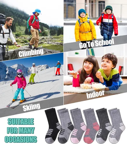 Vista 6 de LINEMIN Calcetines de senderismo de lana merino para niños y niñas, cálidos, gruesos, térmicos, acolchados, para invierno, 6 pares