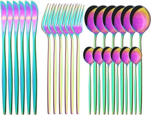 Vista 8 de Juego de cubiertos de acero inoxidable 18/0 con espejo, 24 piezas, incluye cuchillo, tenedor, cuchara, cucharadita, cubiertos para el hogar, Dorado