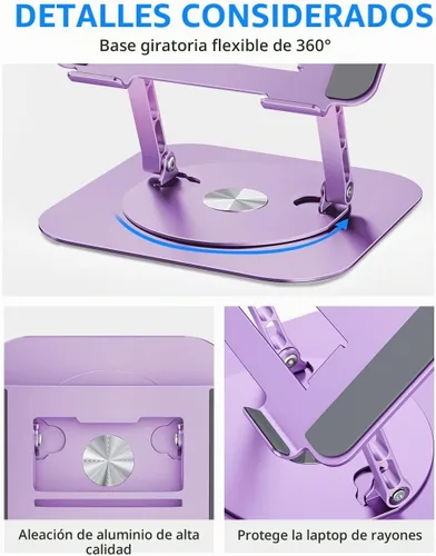 Vista 4 de AOEVI Soporte ajustable para laptop con base giratoria de 360º, ergonómico y plegable, elevador para computadora portátil compatible con MacBook
