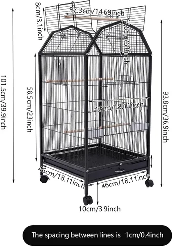 Vista 2 de Jaula de metal para pájaros de 40 pulgadas con tapa abierta y soporte rodante, jaula grande para pájaros con puerta anti-escape para Conure Canary