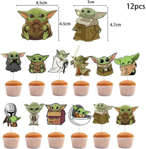 Vista 7 de Suministros de recuerdo de fiesta de Baby Yoda, decoraciones de cumpleaños para fiesta de bebé Yoda incluyen pancarta, adorno para pastel y globos