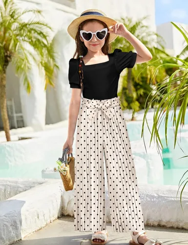 Vista 61 de DONWEN Conjunto de 3 piezas de ropa para niñas pequeñas y niñas con cuello cuadrado + pantalones elegantes + diadema para primavera y verano