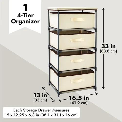 Vista 3 de Cajón clóset de almacenamiento de 4 niveles para ropa, ropa interior, documentos, objetos de la Casa, color café – (16.5 x 12.9 x 33 pulgadas)
