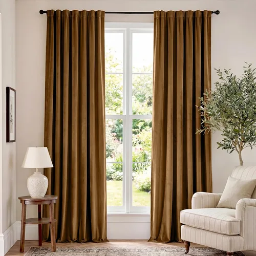 Vista 125 de Lazzzy Cortinas opacas de terciopelo beige de 84 pulgadas de largo con aislamiento térmico para oscurecer la habitación, cortinas forradas de lujo