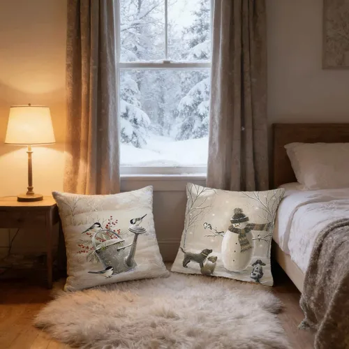Vista 3 de Funda de Almohada Decorativa de Animales Navideños - 18 x 18 Pulgadas Funda de Almohada de Mascota Muñeco de Nieve Jarrón Ciervo Perro Conejo Pájaro