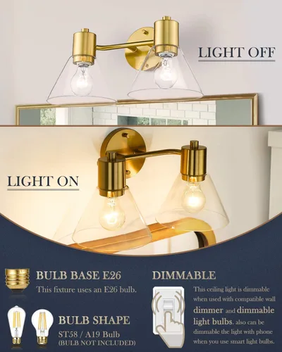Vista 3 de LMS Lámparas doradas para tocador de baño, 2 lámparas de baño con pantalla de vidrio transparente, LMS-100
