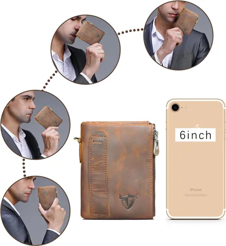 Vista 6 de Handadsume Genuino caballo loco cuero viaje regalo moneda bolsillo tarjeta caso largo organizador cadena Rfid monedero con broche para hombres