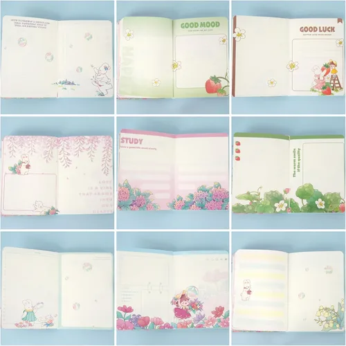 Vista 6 de Lindo cuaderno de dibujos animados kawaii, cuaderno de bocetos japonés con cubierta de cuero, cuaderno de notas, cuaderno de viaje, rosa claro