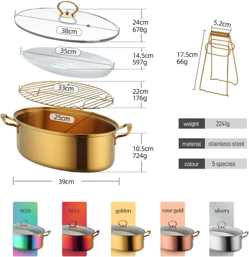 Vista 8 de Vaporizador de pescado de acero inoxidable, olla ovalada multiusos con estante, sartén de cerámica, portabrocas para cocinar pescado al vapor, sopa