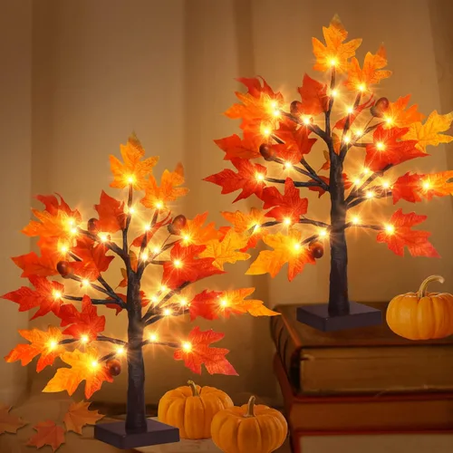 Vista 10 de Árbol de arce de otoño iluminado de 1.5 pies, lámpara de mesa de Acción de Gracias con 36 luces LED, hojas de arce, 6 bellotas, función