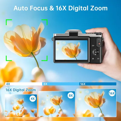 Vista 5 de Cámara digital 4K para fotografía con WiFi 64MP Cámara de vlogging de enfoque automático para video de YouTube de 3 pulgadas, pantalla abatible