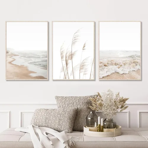 Vista 3 de Arte de pared de playa, impresiones bohemias, lienzo costero, decoración de pared, imágenes de playa, hierba de pampas, océano, póster de plantas