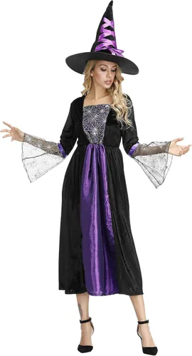 Vista 3 de Haorugut Disfraz de bruja para mujer, disfraz de bruja malvada, vestido de bruja