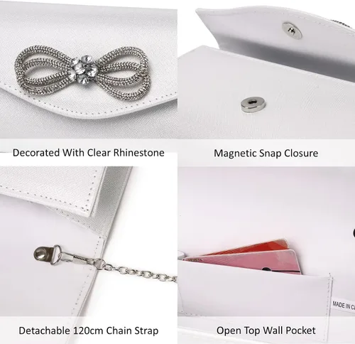Vista 8 de Bolso de noche para mujer, con lazo de cristal brillante, con solapa, bolso de mano para mujer, boda, fiesta, baile de graduación