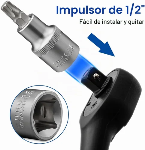 Vista 4 de DAKCOS Juego de llaves para vasos hexagonales Torx, transmisión de 1/2 pulgada, 6 piezas de juego de llaves de estrella, T30 - T60, bit de acero