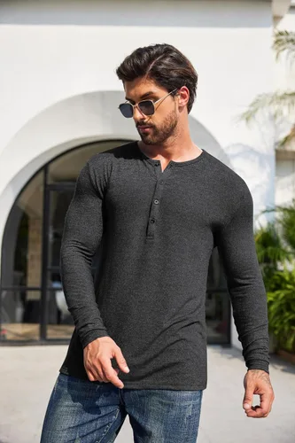 Vista 8 de COOFANDY Paquete de 2 camisetas básicas de algodón para hombre, de manga larga, ligeras, casuales, de algodón